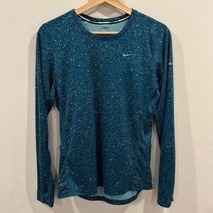 Nike Women’s Running Dri-Fit Long Sleeve Shirt Blue Teal White Speckle Size M
